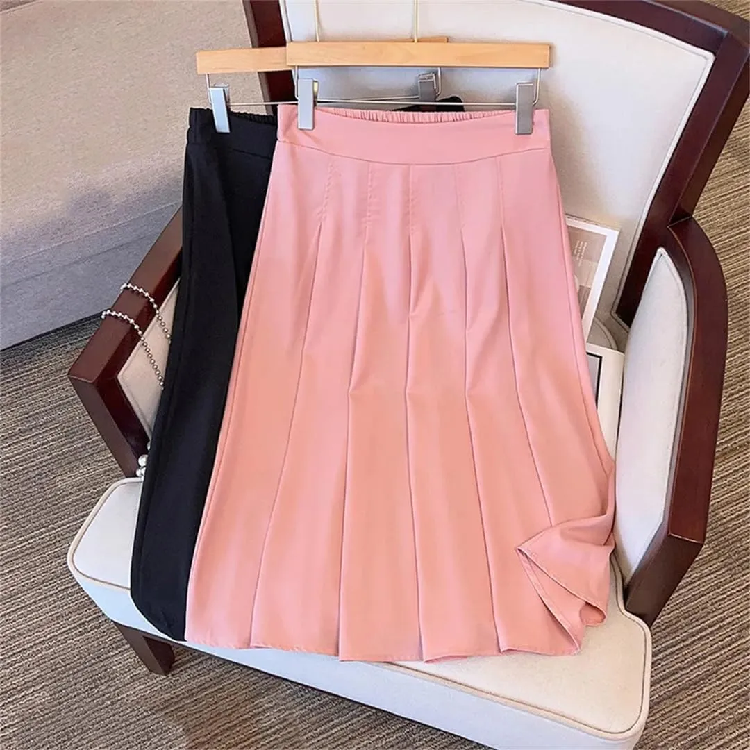 Women's Summer Plus Size Loose A-Line Pleated Skirt Pink High Waist Temperament Skirt