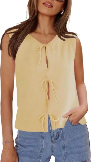 Womens Sweater Vest 2025 Summer Sleeveless Crewneck Tie Front Tops Bow Crochet Knit Vest Crop Tank Tops Trendy Vest
