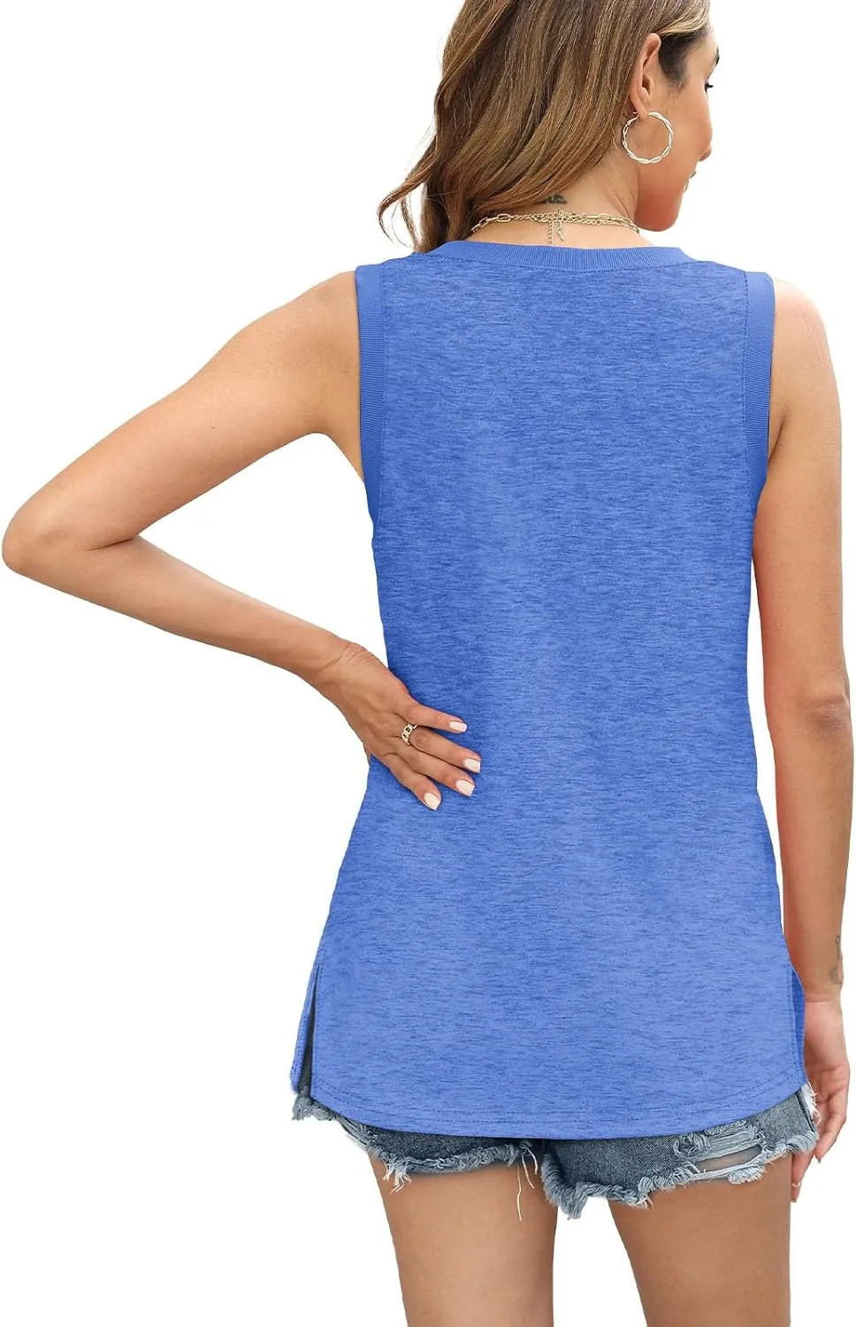 Womens Tank Tops Summer V Neck Loose Fit Casual Basic Side Split Sleeveless