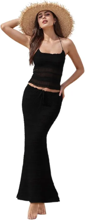 Womens Two Piece Maxi Skirt Sets Summer Backless Halter Tops Matching Pleated Flowy Skirt Sets Beach Outfits