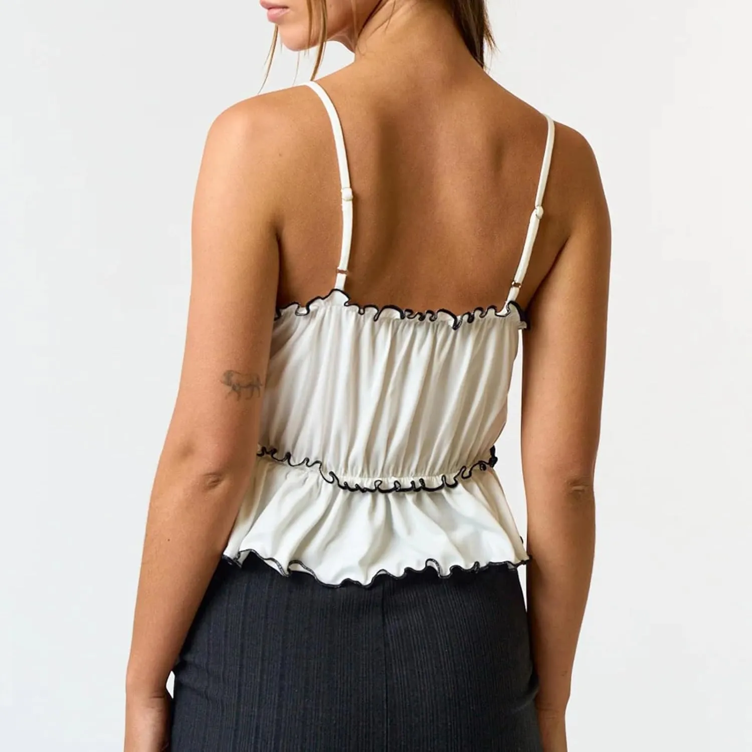 Womens Y2k Crop Tank Top Spaghetti Strap Deep V Neck Tie Front Camisole Sleeveless Ruched Ruffle Cami Shirts