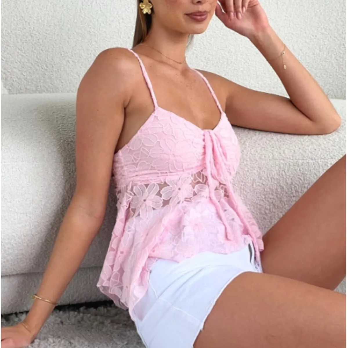 Womens Y2k Lace Crop Tops Vintage Fairy Ruched Ruffle Holiday Beach Going Out Streetwear Casual Camisole