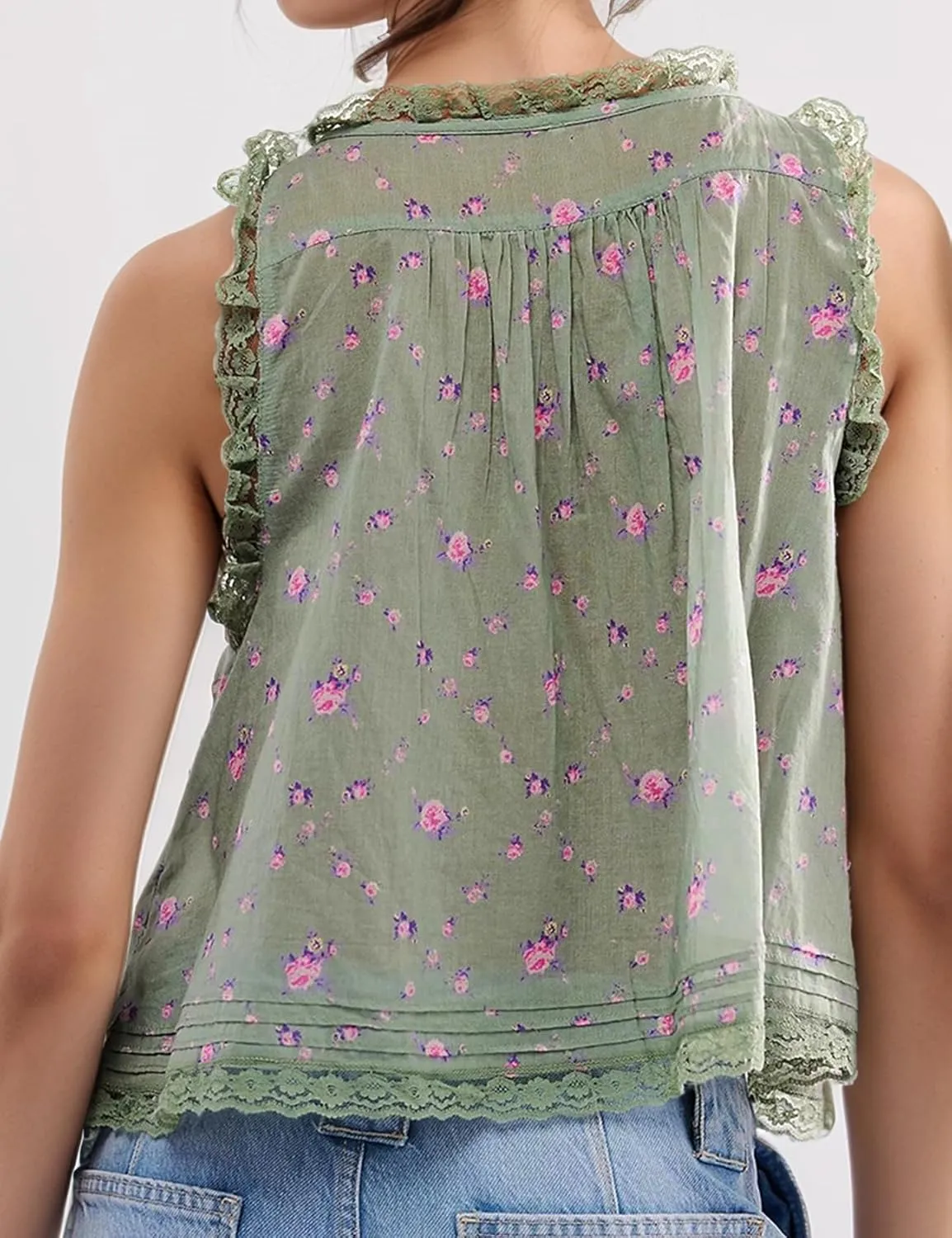 Wyeysyt Women Lace Trim Tank Tops Summer Flowers Boho Semi Sheer Tie Button Front Tops Sleeveless Mesh Going Out Cami Shirt