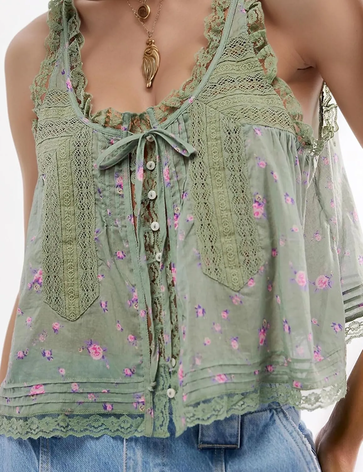 Wyeysyt Women Lace Trim Tank Tops Summer Flowers Boho Semi Sheer Tie Button Front Tops Sleeveless Mesh Going Out Cami Shirt