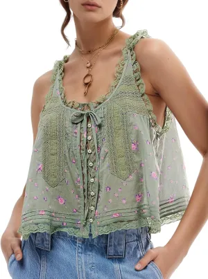 Wyeysyt Women Lace Trim Tank Tops Summer Flowers Boho Semi Sheer Tie Button Front Tops Sleeveless Mesh Going Out Cami Shirt