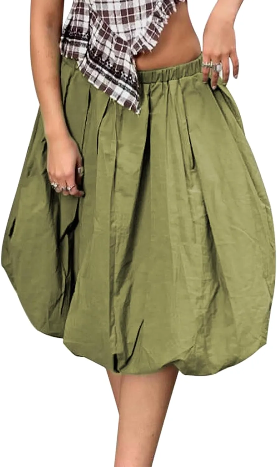XBTCLXEBCO Women Y2K Bubble Midi Skirt Elastic Waist Flowy A-Line Long Skirt Ruffle Hem Puffy Balloon Skirt Summer Streetwear