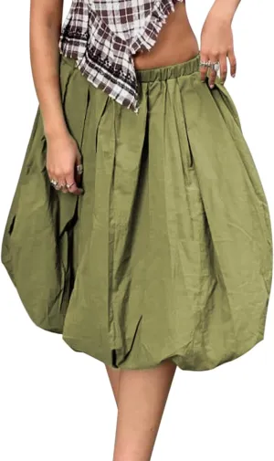 XBTCLXEBCO Women Y2K Bubble Midi Skirt Elastic Waist Flowy A-Line Long Skirt Ruffle Hem Puffy Balloon Skirt Summer Streetwear