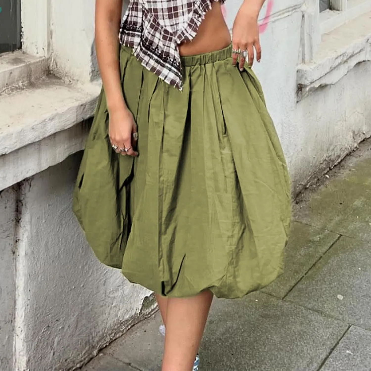 XBTCLXEBCO Women Y2K Bubble Midi Skirt Elastic Waist Flowy A-Line Long Skirt Ruffle Hem Puffy Balloon Skirt Summer Streetwear