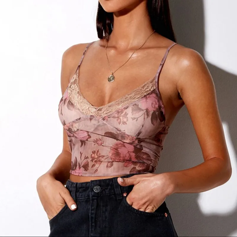 Y2K Floral Print Lace Cami Top Sexy Mesh Sheer Transparent Spaghetti Strap Top Sleeveless Streetwear Women Crop Tops 2023