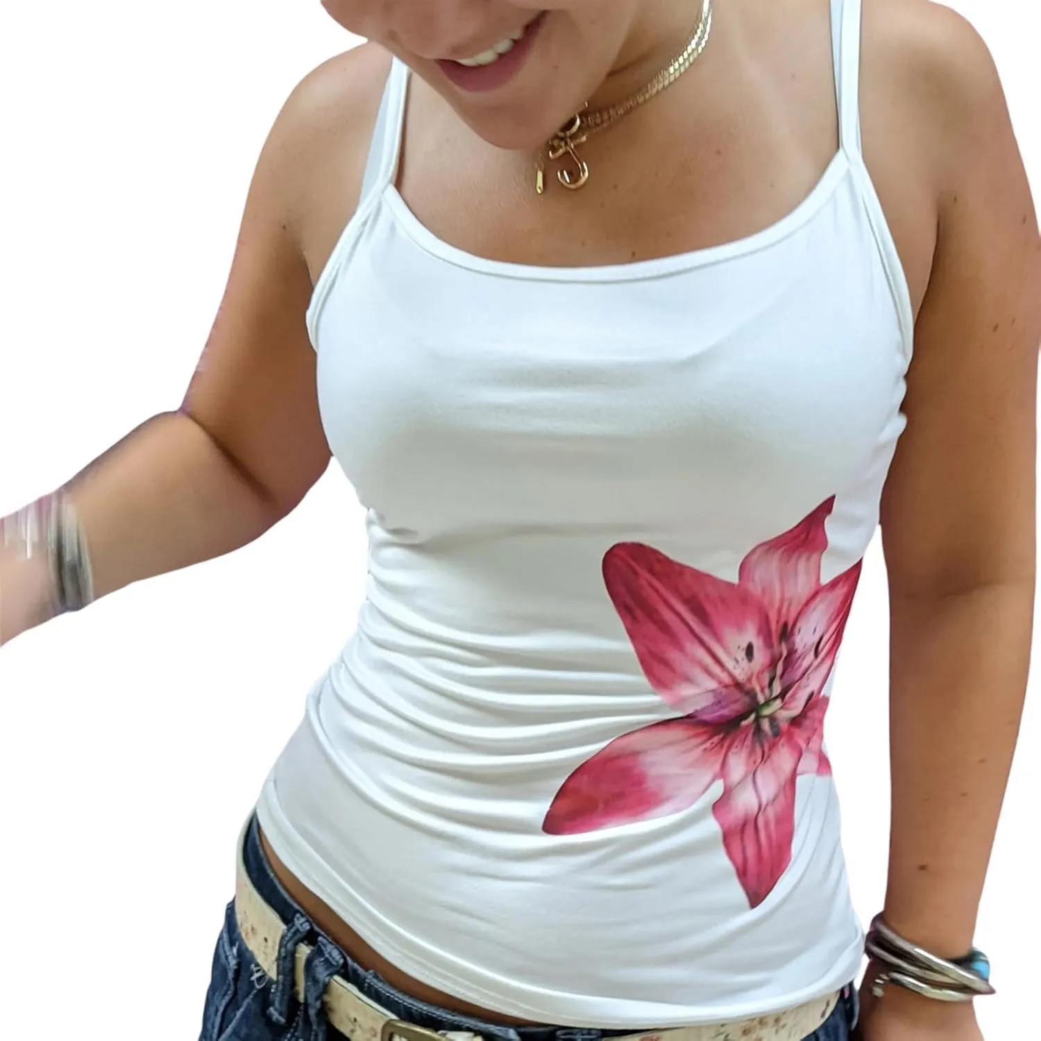 Y2K Floral Print Tank Top for Women Cute Flower Spaghetti Strap Slim Fit Crop Camisole Aesthetic Tank Tops Streetwear