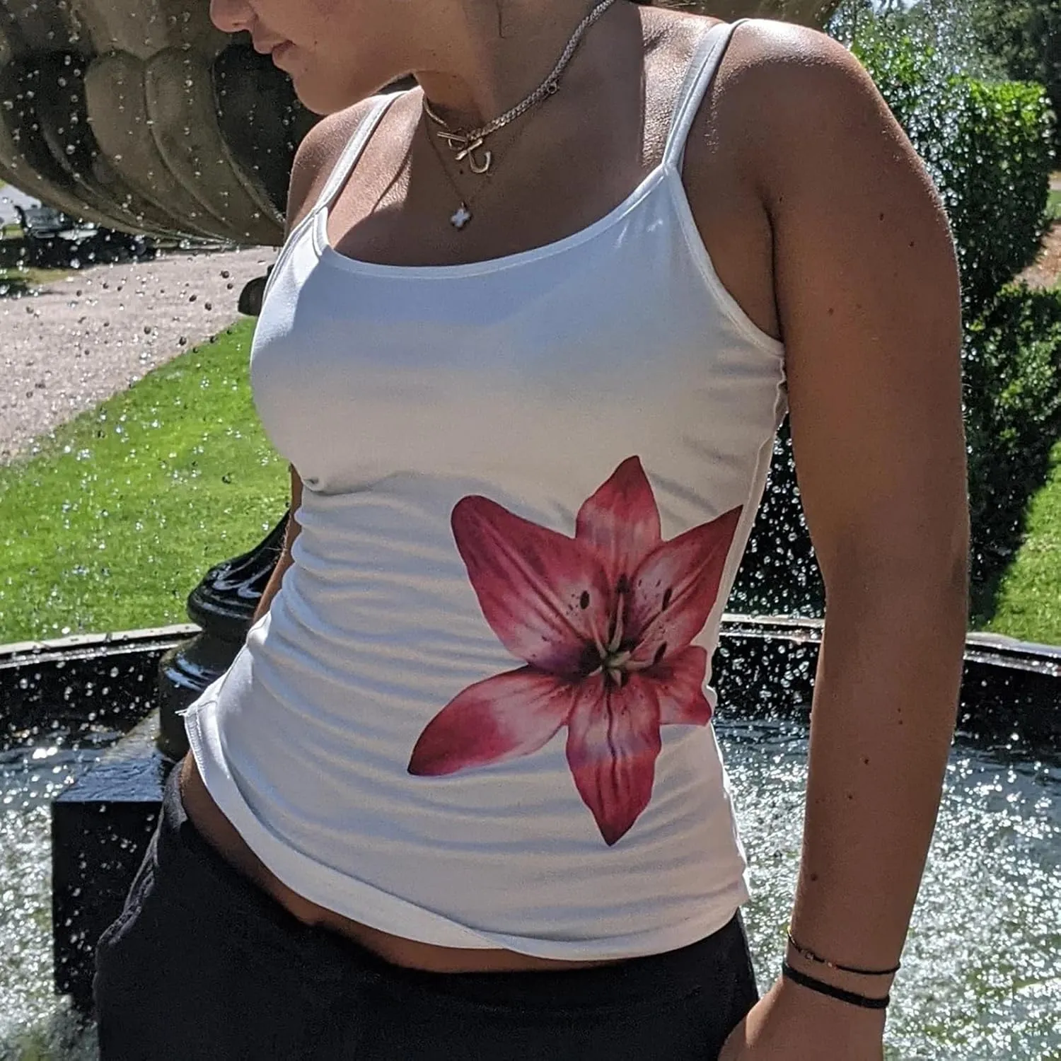 Y2K Floral Print Tank Top for Women Cute Flower Spaghetti Strap Slim Fit Crop Camisole Aesthetic Tank Tops Streetwear