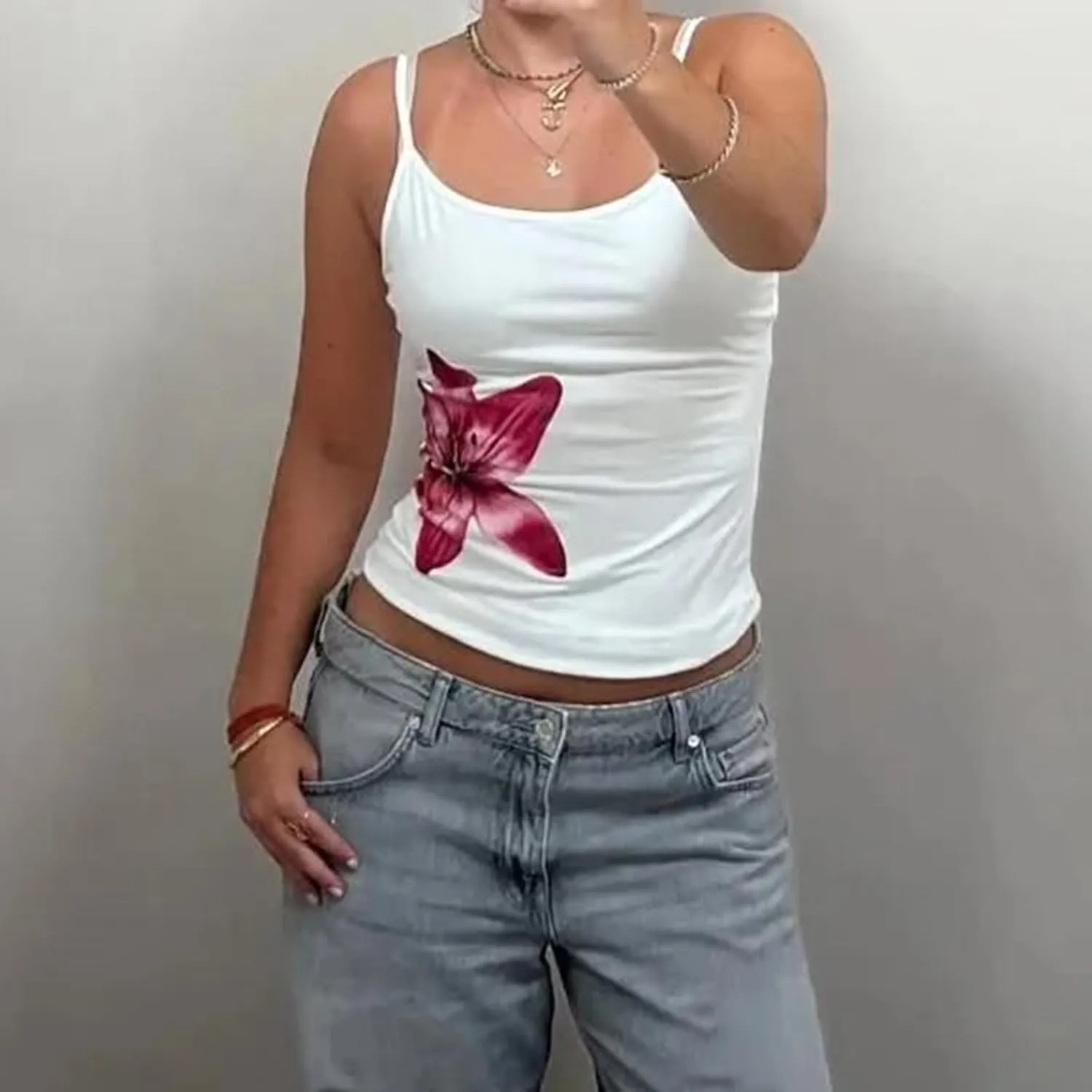 Y2K Floral Print Tank Top for Women Cute Flower Spaghetti Strap Slim Fit Crop Camisole Aesthetic Tank Tops Streetwear