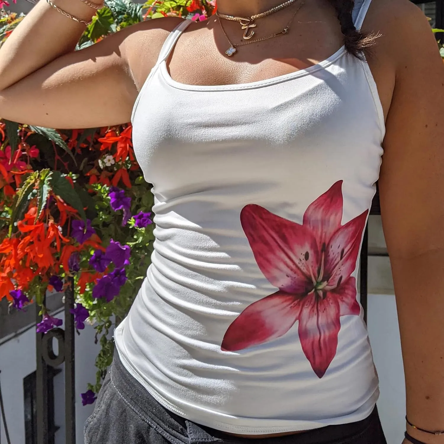 Y2K Floral Print Tank Top for Women Cute Flower Spaghetti Strap Slim Fit Crop Camisole Aesthetic Tank Tops Streetwear