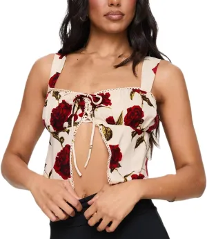 Y2k Front Tie Up Cami Tops for Women Sleeveless Floral Printed Spaghetti Strap Tank Top Trendy Going Out Camisole