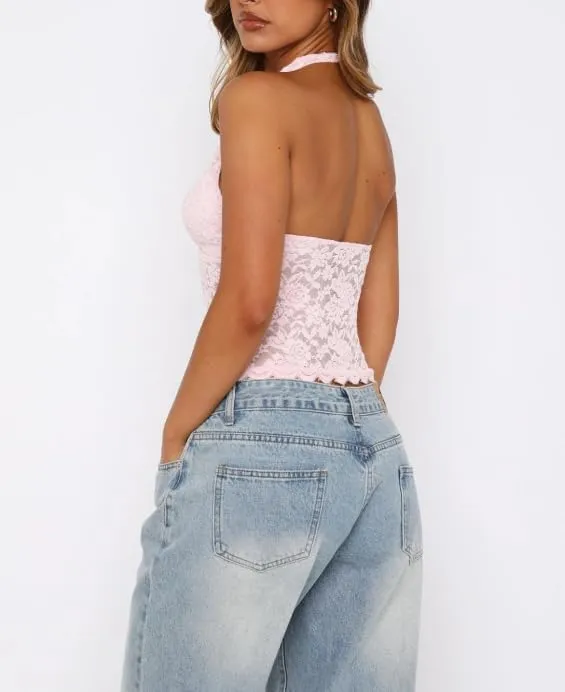 Y2k Lace Camisole Crop Tops Women Sleeveless Sexy See Through Mesh Sheer Cami Backless Halter Going Out Tank