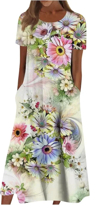 Yesunpxs Summer Dresses for Women Floral Print Loose Sundresses Short Sleeves Round Neck Beach Dress Casual Maxi Dress with