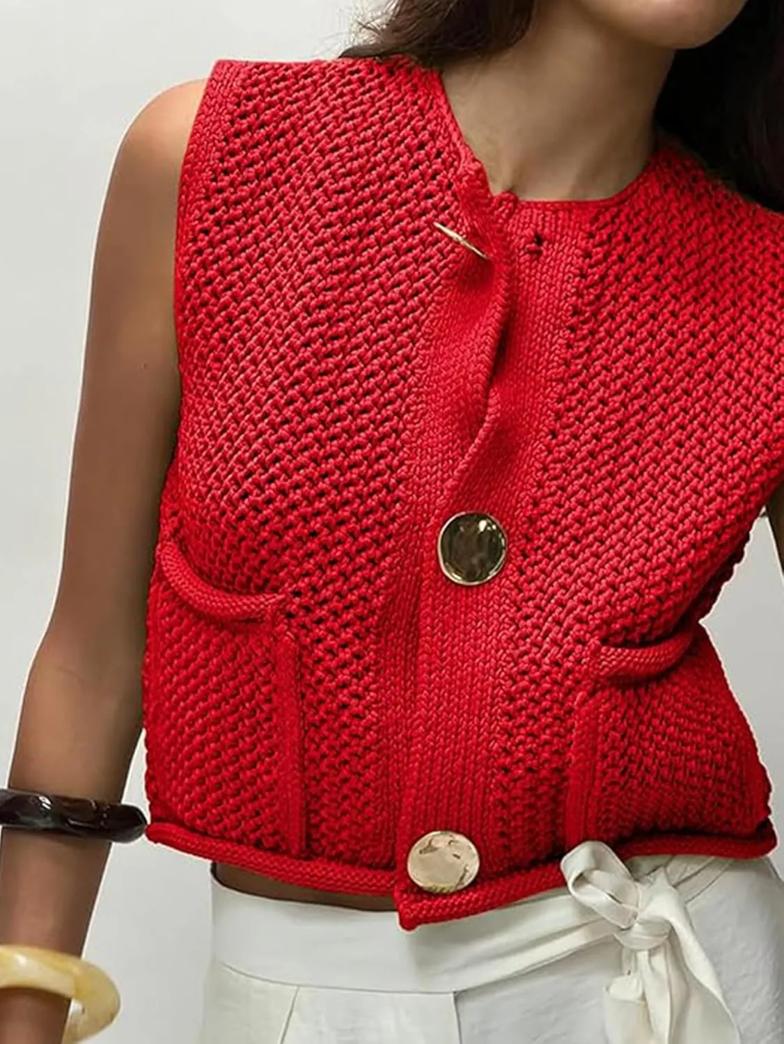 YKR Womens Chunky Knit Sweater Vest Sleeveless Button Down Cropped Cardigan Casual Knitted Crochet Vest with Pockets