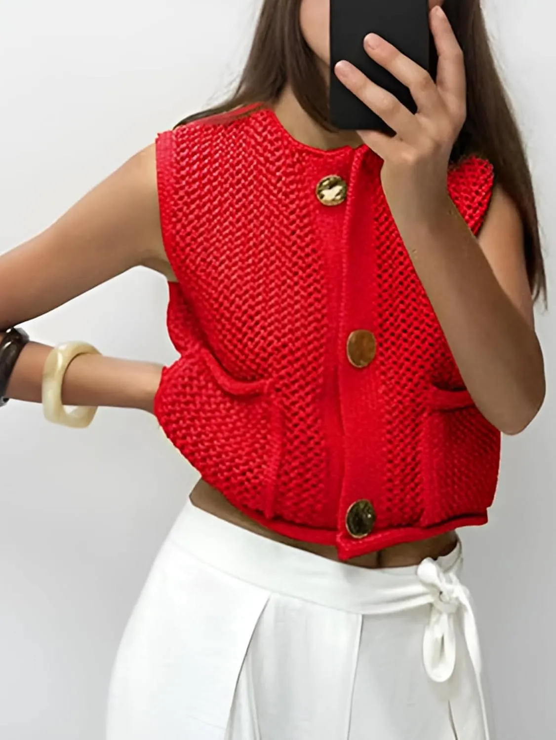 YKR Womens Chunky Knit Sweater Vest Sleeveless Button Down Cropped Cardigan Casual Knitted Crochet Vest with Pockets