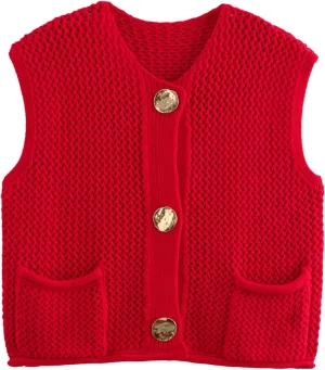 YKR Womens Chunky Knit Sweater Vest Sleeveless Button Down Cropped Cardigan Casual Knitted Crochet Vest with Pockets