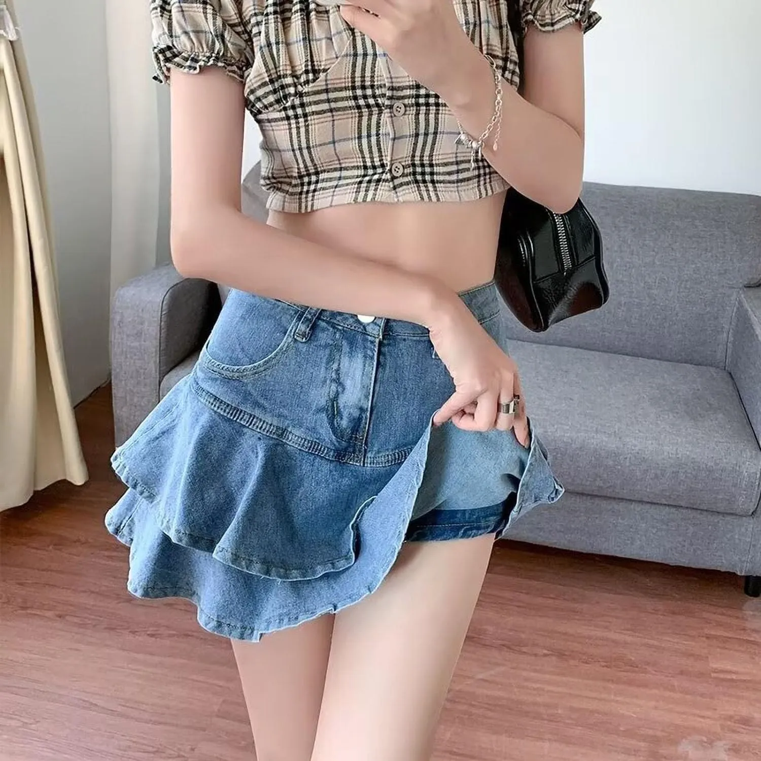 YMSHOPE Denim Mini Skirt A-Shaped Cake Bustier Skirt with Safety Trousers Lined high-Waisted Ruffled Edge Hip Short Skirt
