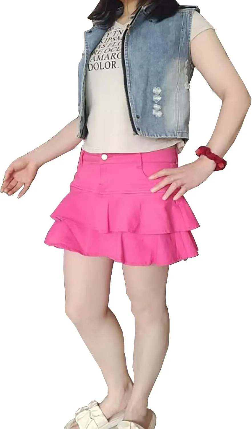 YMSHOPE Denim Mini Skirt A-Shaped Cake Bustier Skirt with Safety Trousers Lined high-Waisted Ruffled Edge Hip Short Skirt
