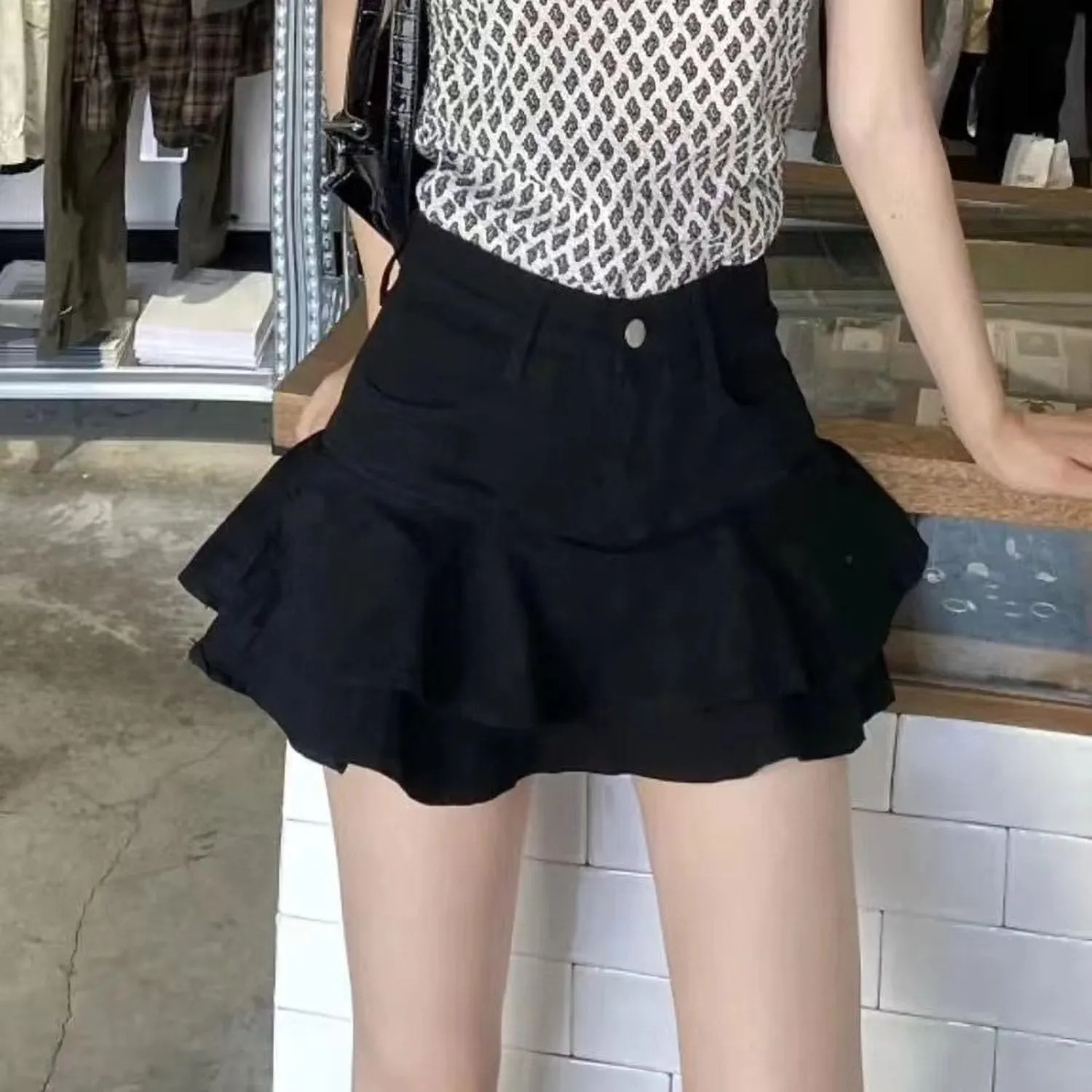 YMSHOPE Denim Mini Skirt A-Shaped Cake Bustier Skirt with Safety Trousers Lined high-Waisted Ruffled Edge Hip Short Skirt