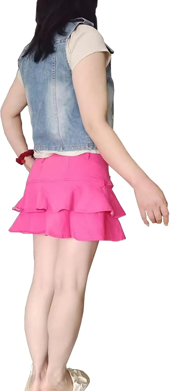 YMSHOPE Denim Mini Skirt A-Shaped Cake Bustier Skirt with Safety Trousers Lined high-Waisted Ruffled Edge Hip Short Skirt