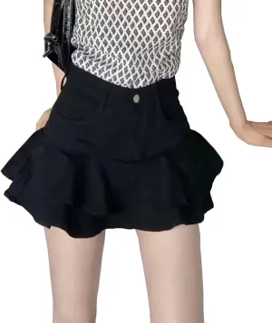 YMSHOPE Denim Mini Skirt A-Shaped Cake Bustier Skirt with Safety Trousers Lined high-Waisted Ruffled Edge Hip Short Skirt