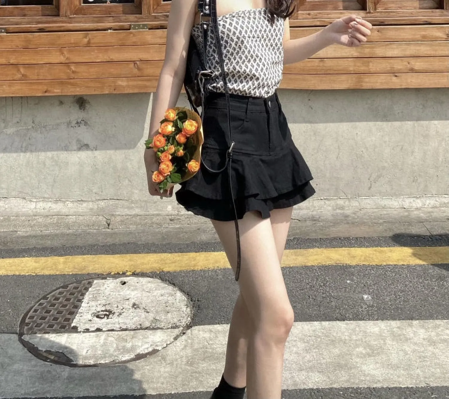 YMSHOPE Denim Mini Skirt A-Shaped Cake Bustier Skirt with Safety Trousers Lined high-Waisted Ruffled Edge Hip Short Skirt
