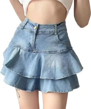 YMSHOPE Denim Mini Skirt A-Shaped Cake Bustier Skirt with Safety Trousers Lined high-Waisted Ruffled Edge Hip Short Skirt