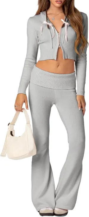 Yuemengxuan Y2k Outfits Set Women Two Piece Knitted Set Long Sleeve Zipper Hoodie Crop Top High Waist Trousers Tracksuit
