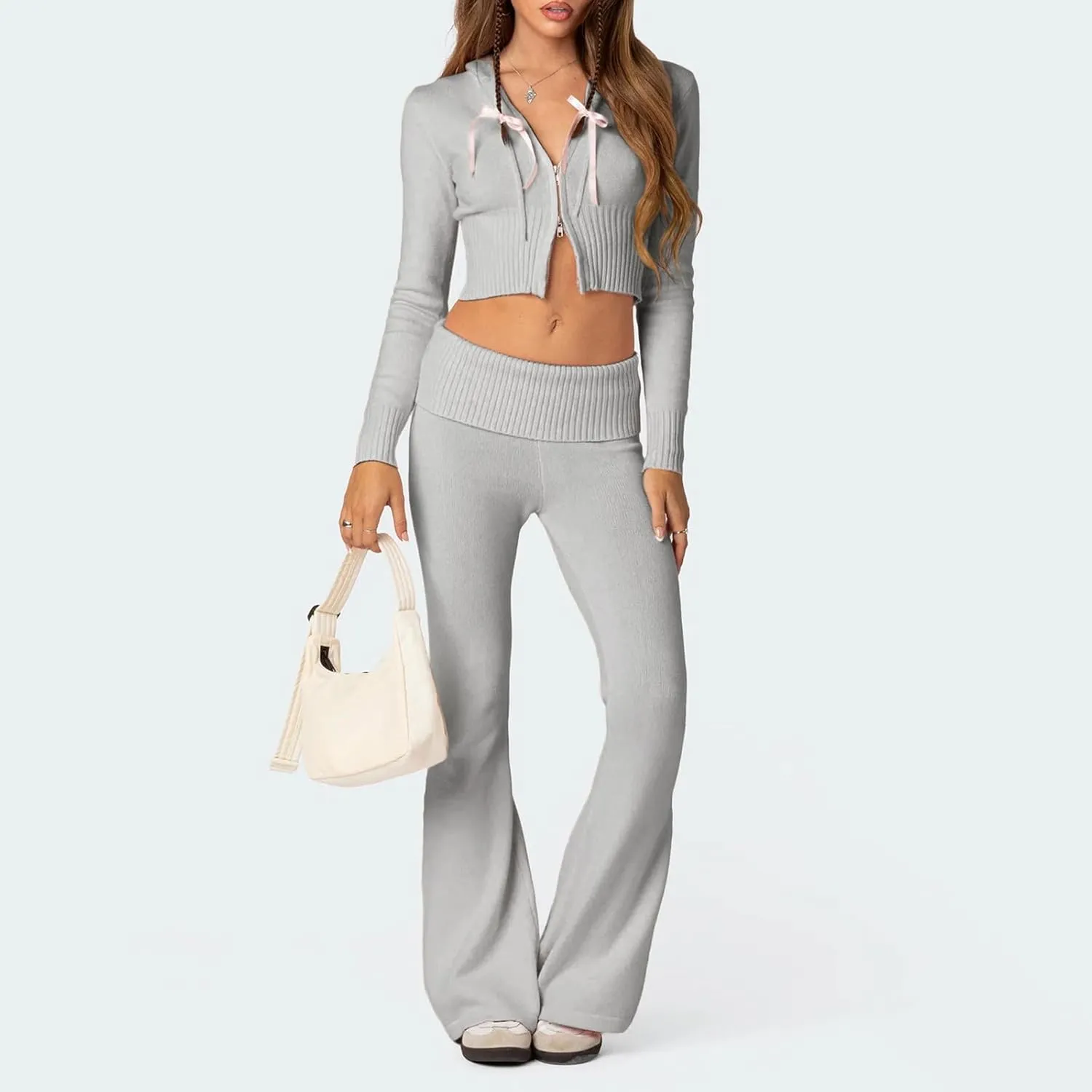 Yuemengxuan Y2k Outfits Set Women Two Piece Knitted Set Long Sleeve Zipper Hoodie Crop Top High Waist Trousers Tracksuit