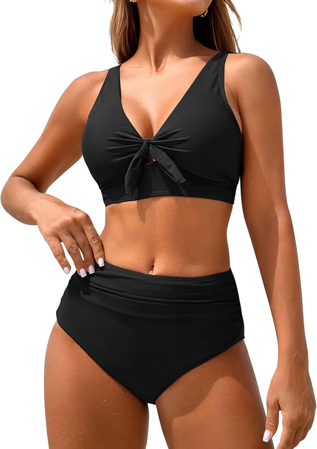 ZAFUL High Waisted Bikini Sets for Women Tummy Control Swimsuits Tie Knot High Rise 2025 Two Piece Bathing Suits