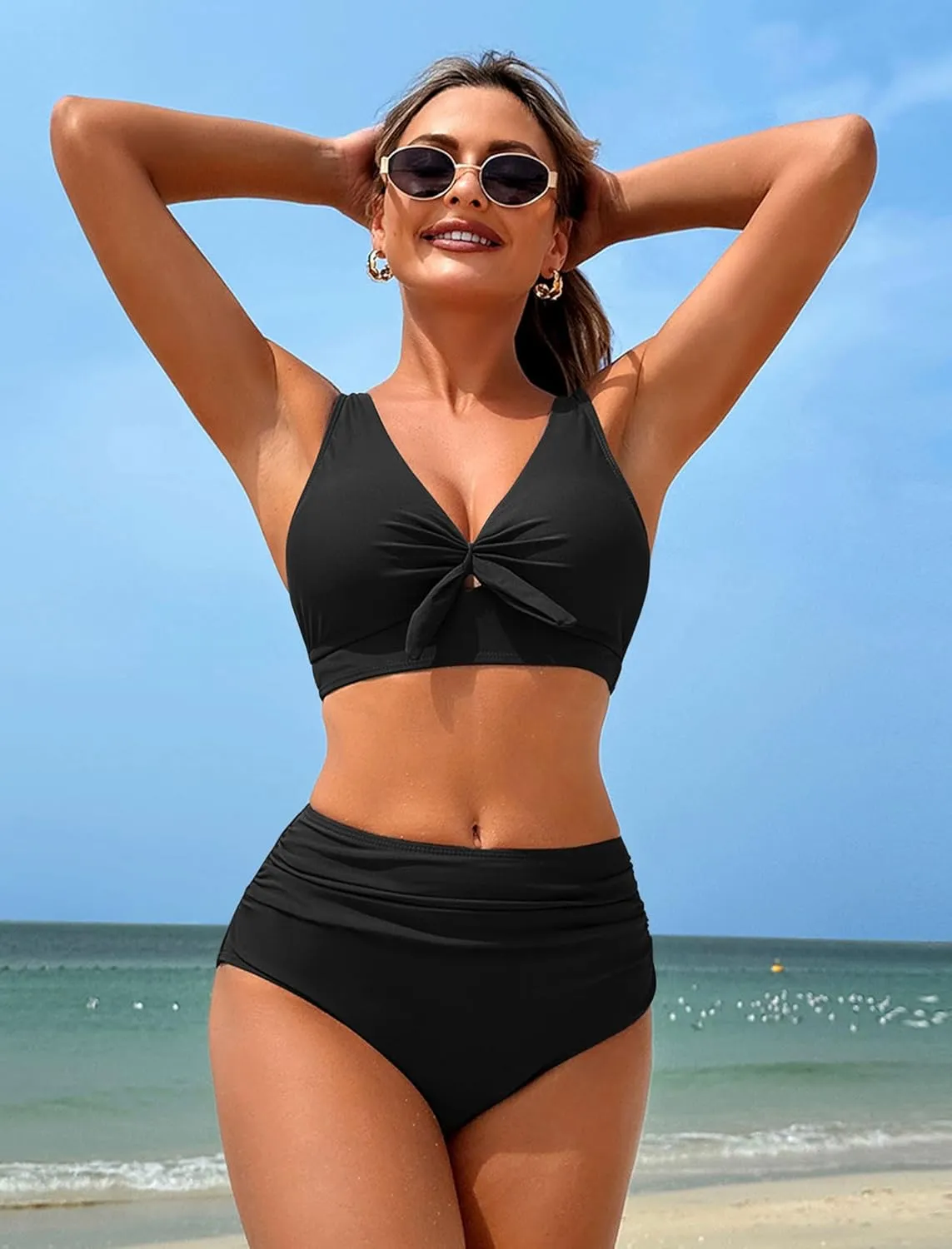 ZAFUL High Waisted Bikini Sets for Women Tummy Control Swimsuits Tie Knot High Rise 2025 Two Piece Bathing Suits