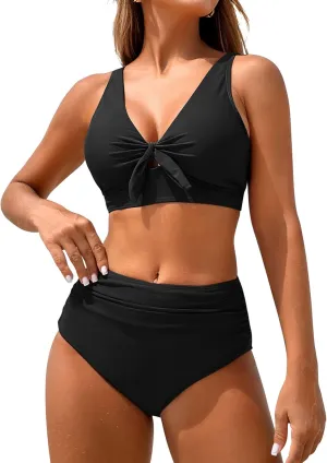 ZAFUL High Waisted Bikini Sets for Women Tummy Control Swimsuits Tie Knot High Rise 2025 Two Piece Bathing Suits