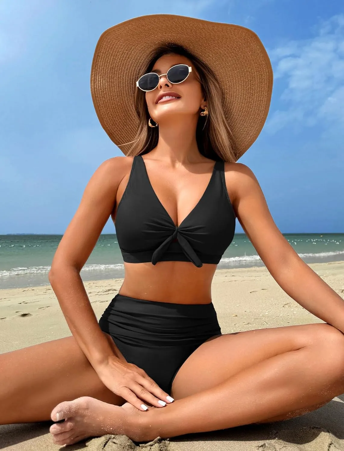 ZAFUL High Waisted Bikini Sets for Women Tummy Control Swimsuits Tie Knot High Rise 2025 Two Piece Bathing Suits