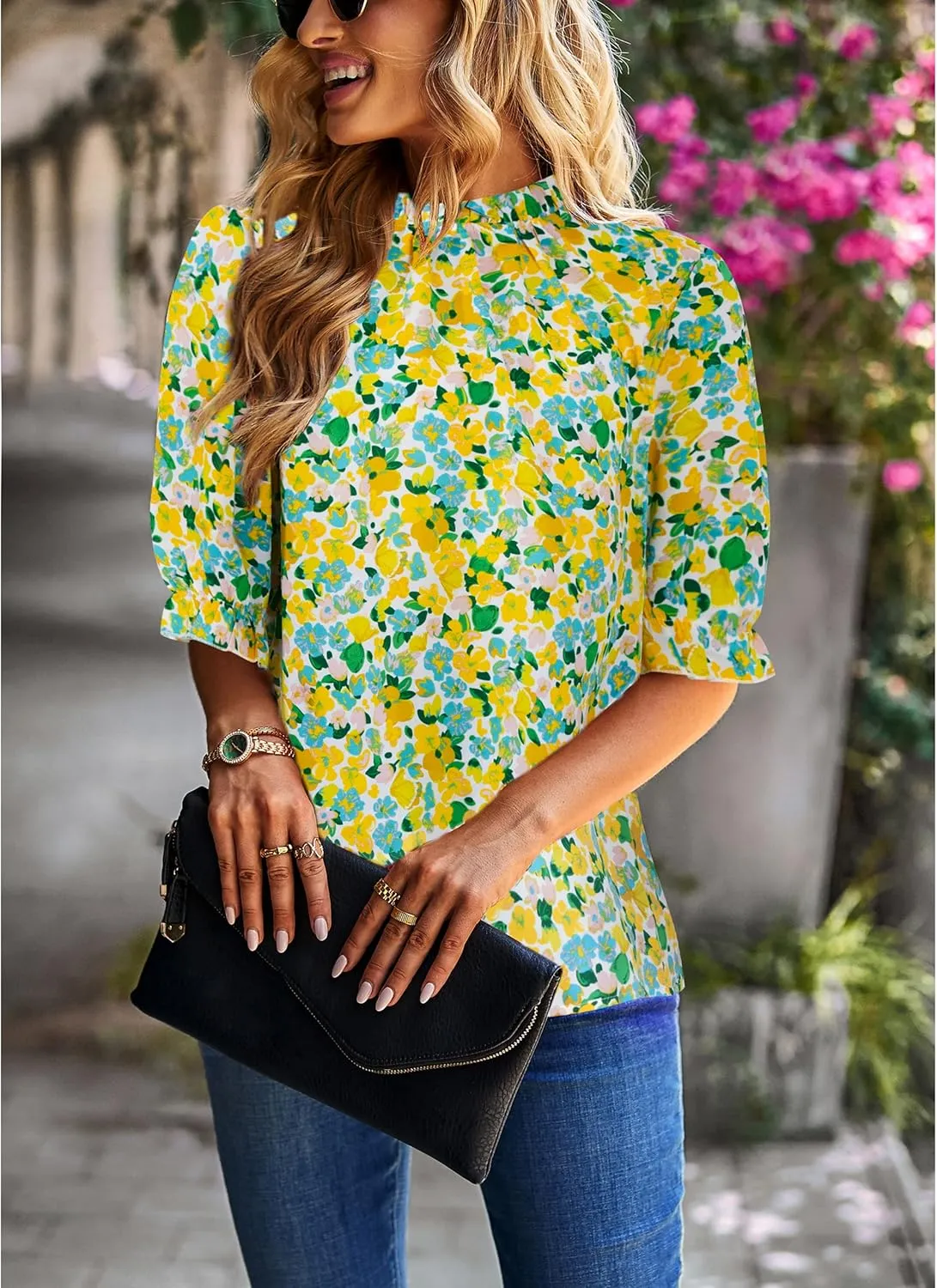 ZILIN Women's Summer Boho Floral Shirt Top Ruffle Mock Neck Puff Short Sleeve 2024 Casual Blouses