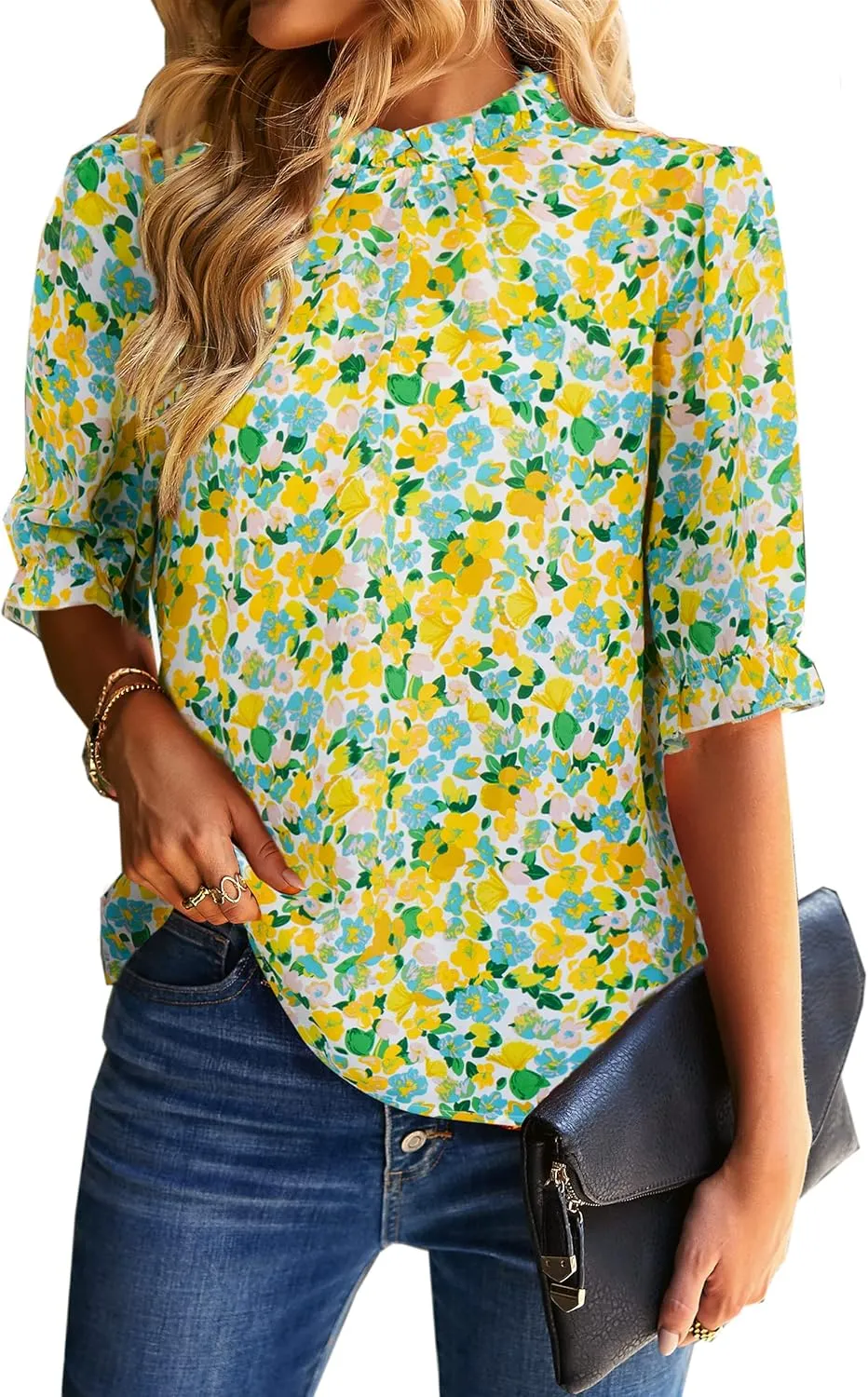 ZILIN Women's Summer Boho Floral Shirt Top Ruffle Mock Neck Puff Short Sleeve 2024 Casual Blouses