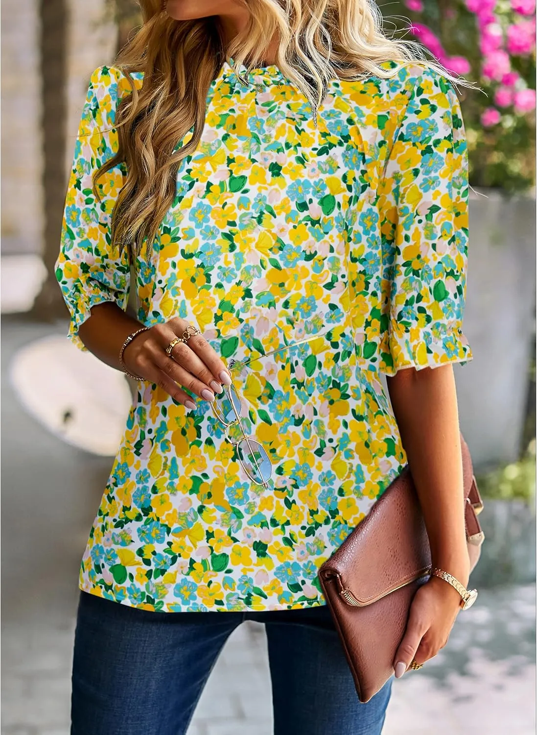 ZILIN Women's Summer Boho Floral Shirt Top Ruffle Mock Neck Puff Short Sleeve 2024 Casual Blouses