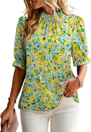 ZILIN Women's Summer Boho Floral Shirt Top Ruffle Mock Neck Puff Short Sleeve 2024 Casual Blouses
