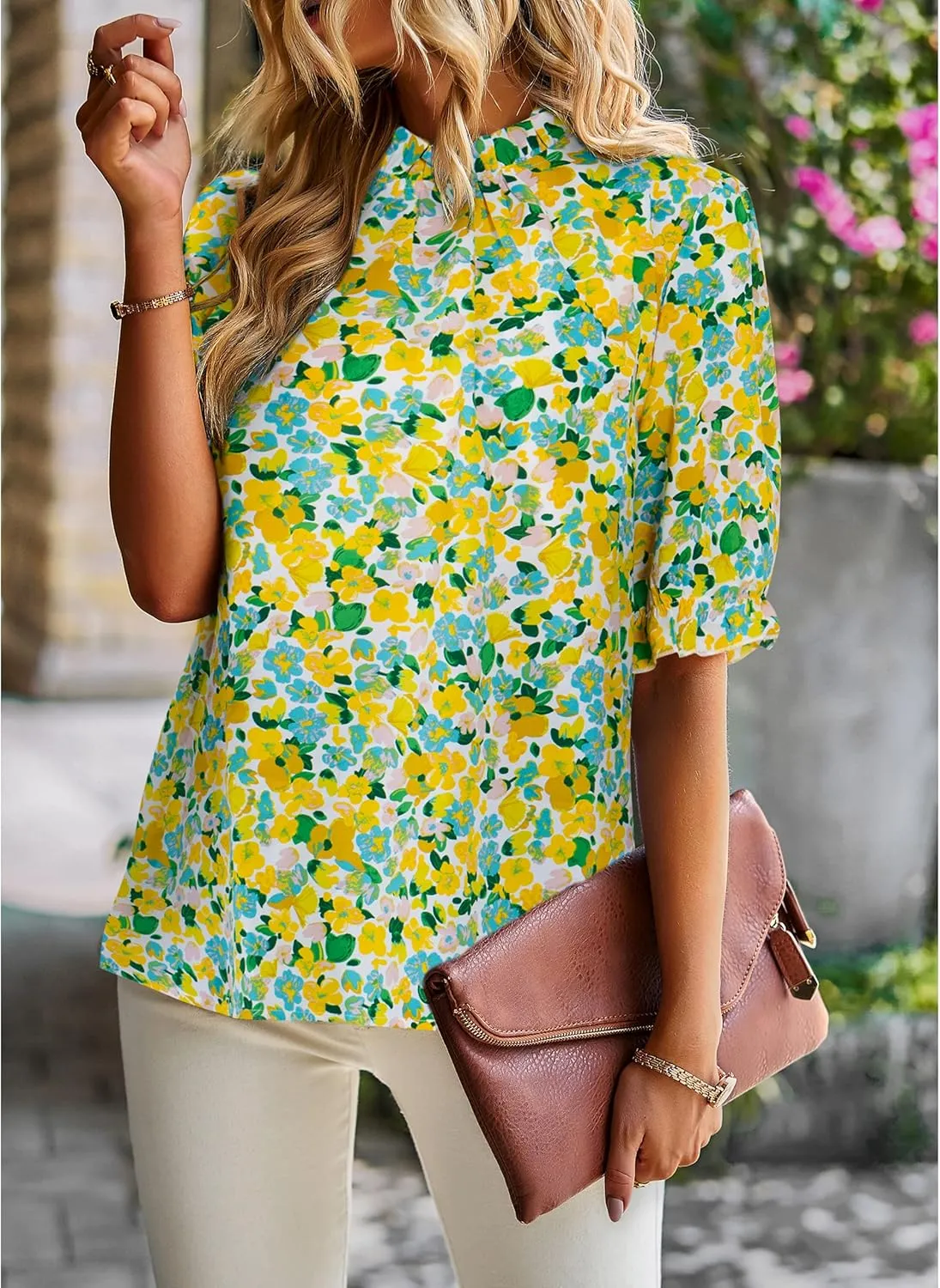 ZILIN Women's Summer Boho Floral Shirt Top Ruffle Mock Neck Puff Short Sleeve 2024 Casual Blouses