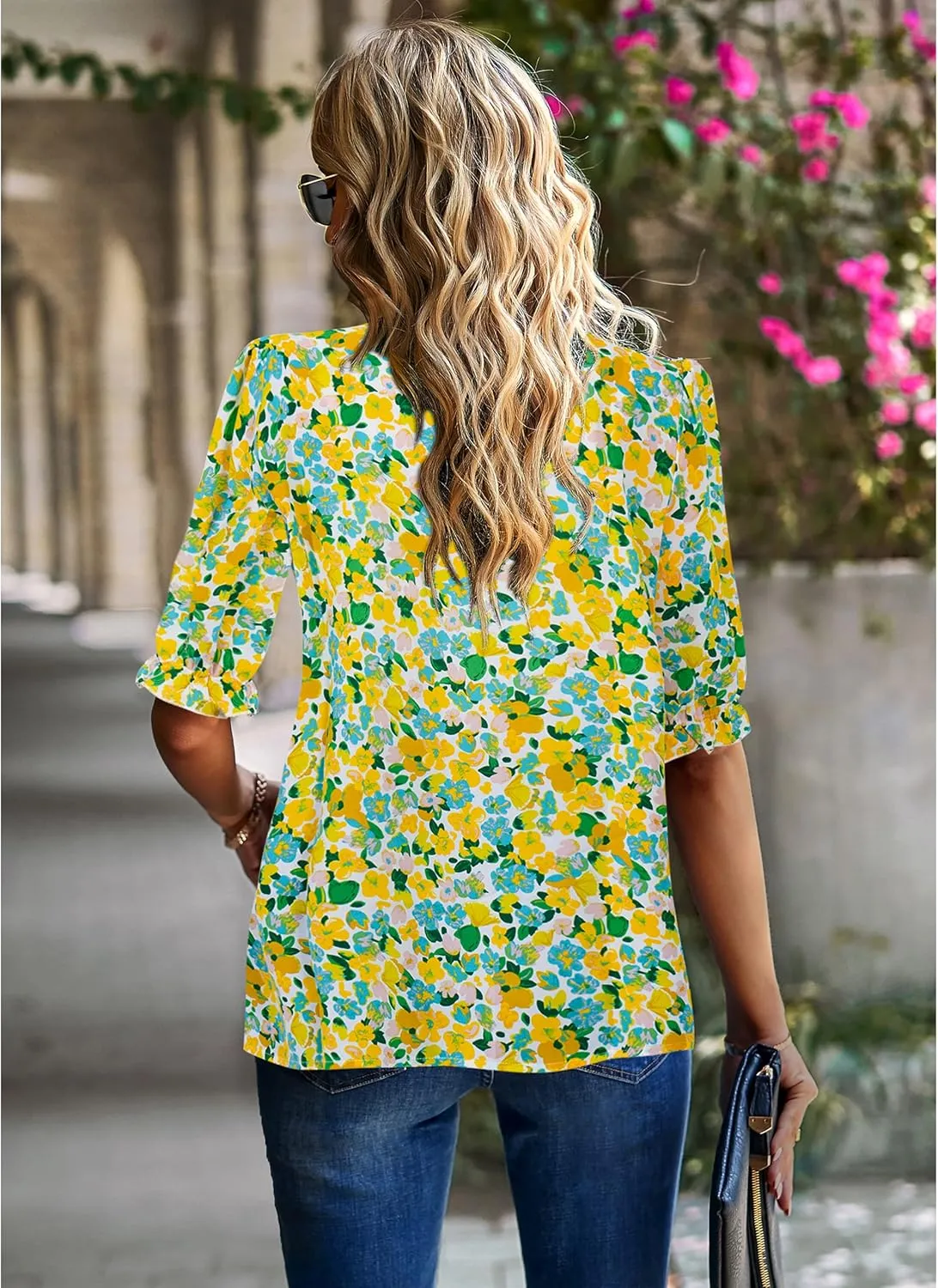 ZILIN Women's Summer Boho Floral Shirt Top Ruffle Mock Neck Puff Short Sleeve 2024 Casual Blouses