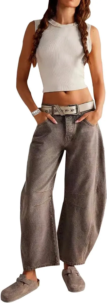 ZOCANIA Barrel Jeans Women Casual Baggy Jeans Loose Harem Pants Mid Rise Denim Cropped Trousers with Pockets