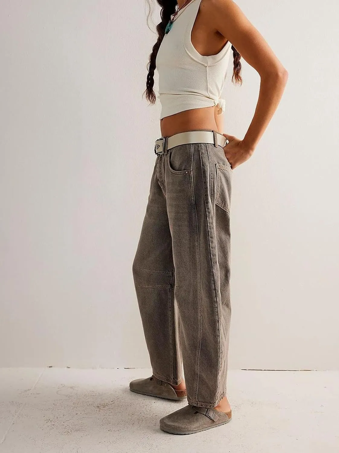 ZOCANIA Barrel Jeans Women Casual Baggy Jeans Loose Harem Pants Mid Rise Denim Cropped Trousers with Pockets