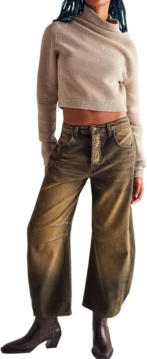 ZOCANIA Barrel Jeans Women Casual Baggy Jeans Loose Harem Pants Mid Rise Denim Cropped Trousers with Pockets