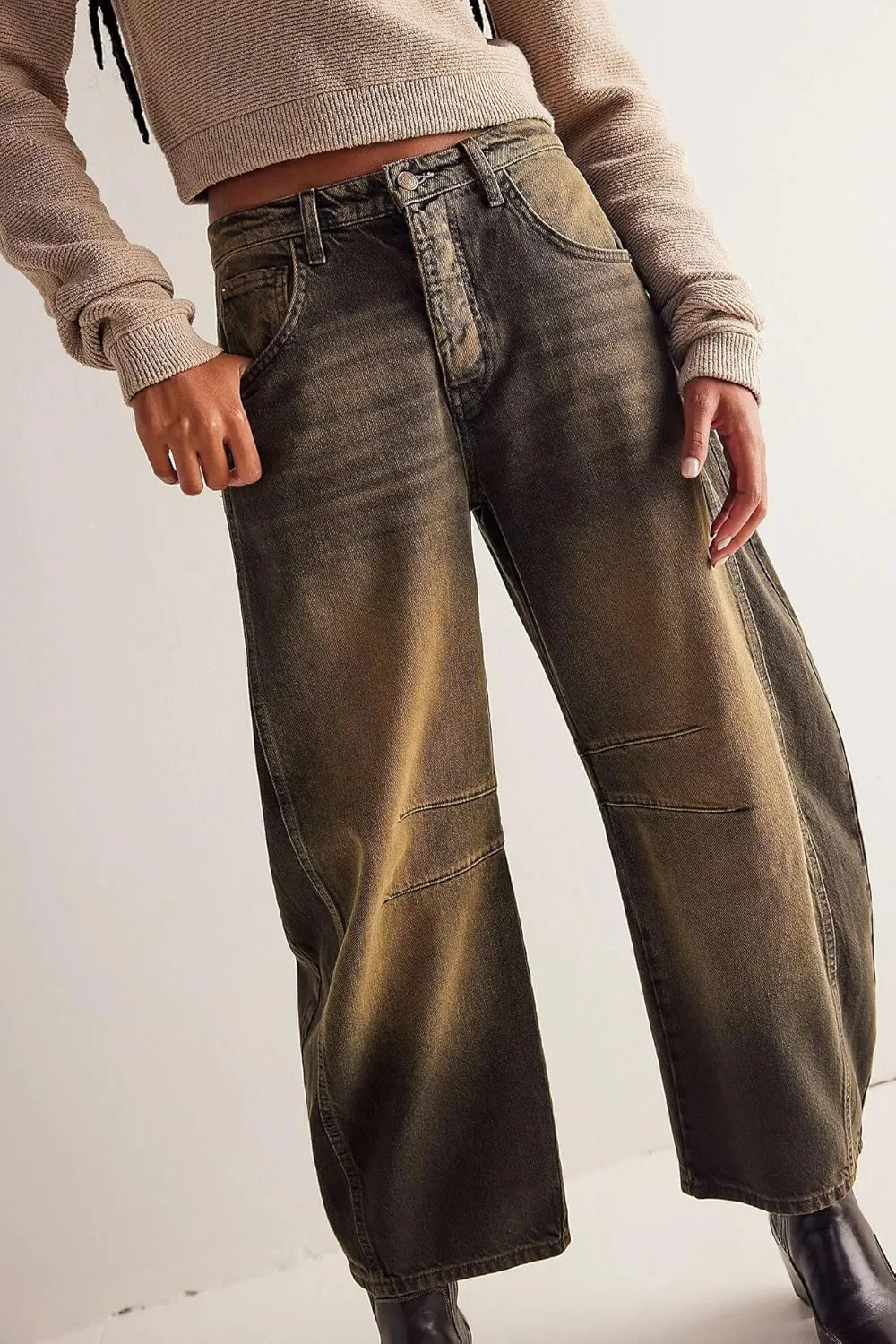 ZOCANIA Barrel Jeans Women Casual Baggy Jeans Loose Harem Pants Mid Rise Denim Cropped Trousers with Pockets
