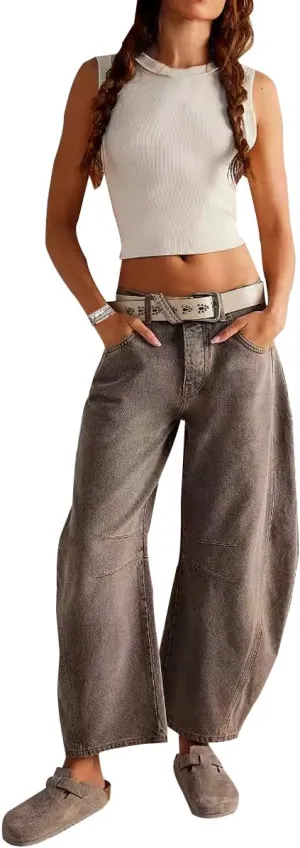 ZOCANIA Barrel Jeans Women Casual Baggy Jeans Loose Harem Pants Mid Rise Denim Cropped Trousers with Pockets