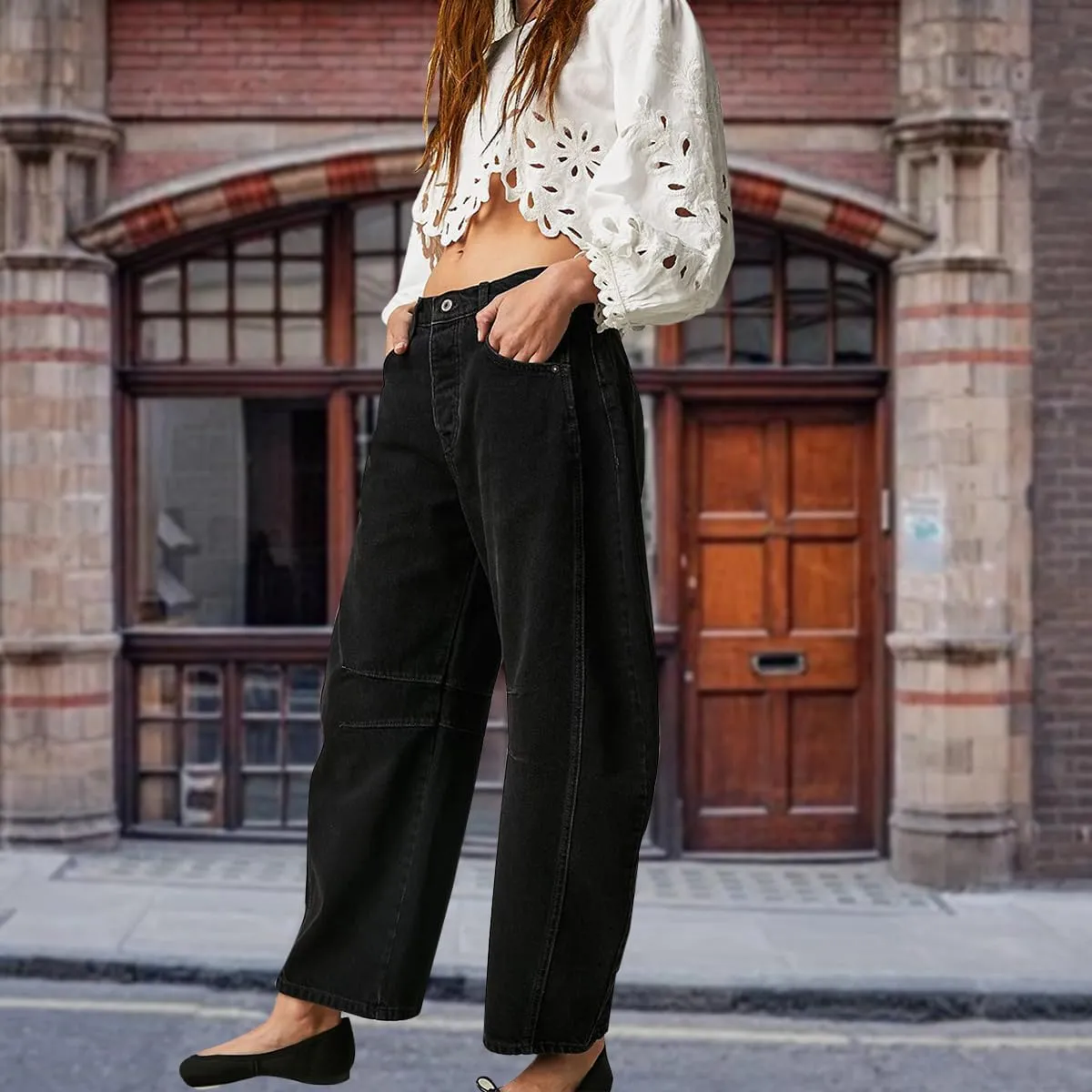 ZOCANIA Barrel Jeans Women Casual Baggy Jeans Loose Harem Pants Mid Rise Denim Cropped Trousers with Pockets