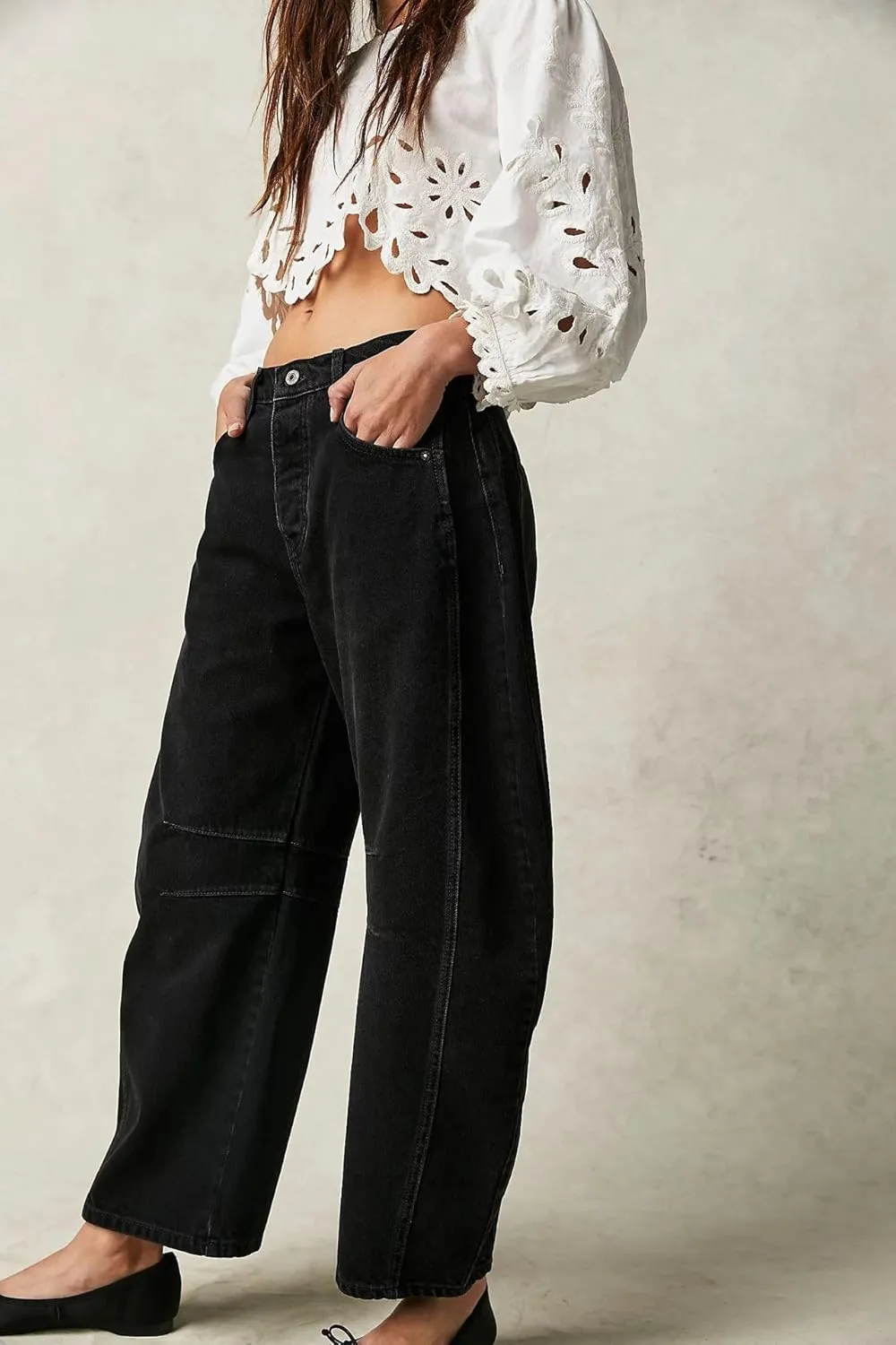 ZOCANIA Barrel Jeans Women Casual Baggy Jeans Loose Harem Pants Mid Rise Denim Cropped Trousers with Pockets