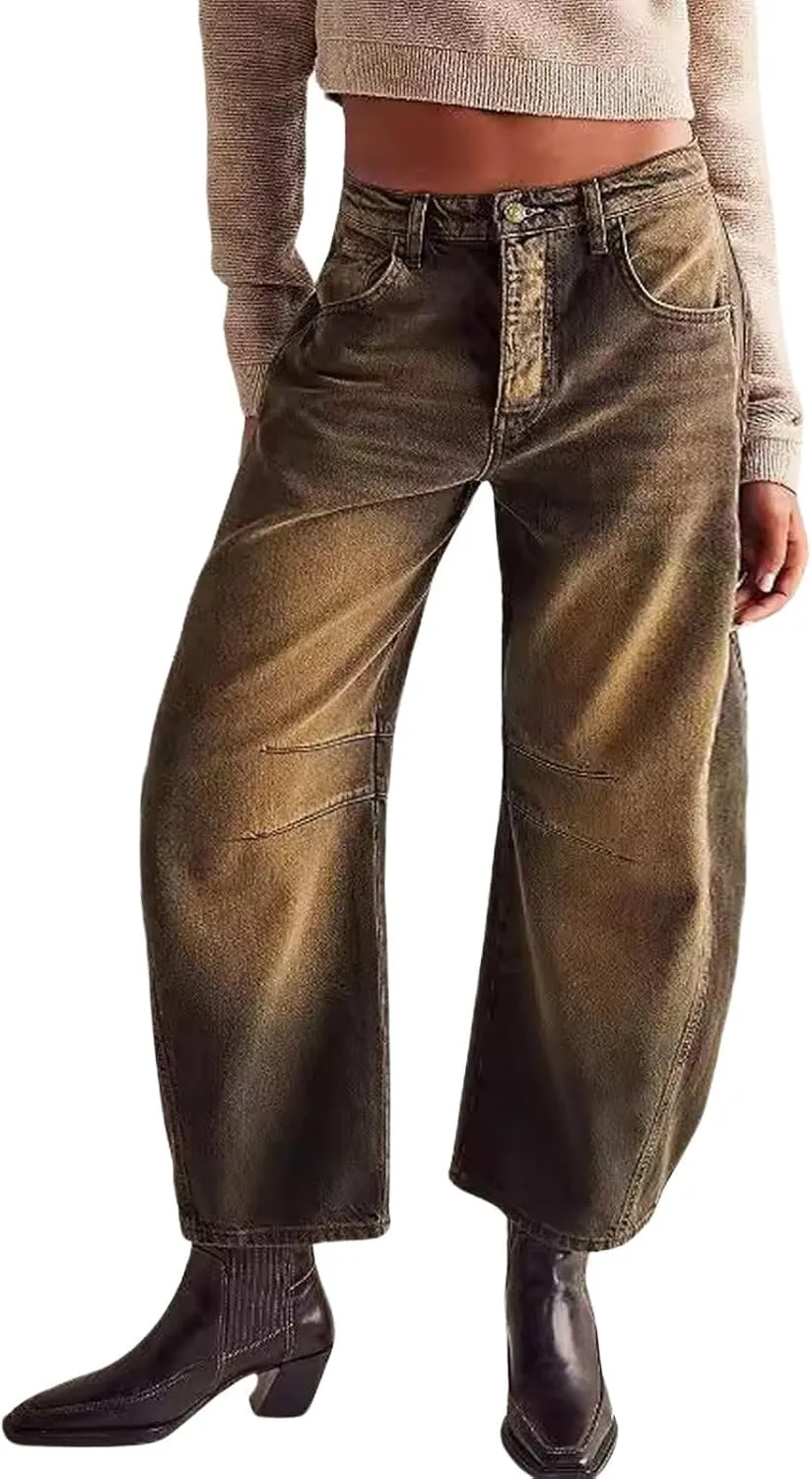 ZOCANIA Barrel Jeans Women Wide Leg Cropped Denim Pants Y2k Mid Rise Baggy Boyfriend Harem Pant Casual Loose Trouser